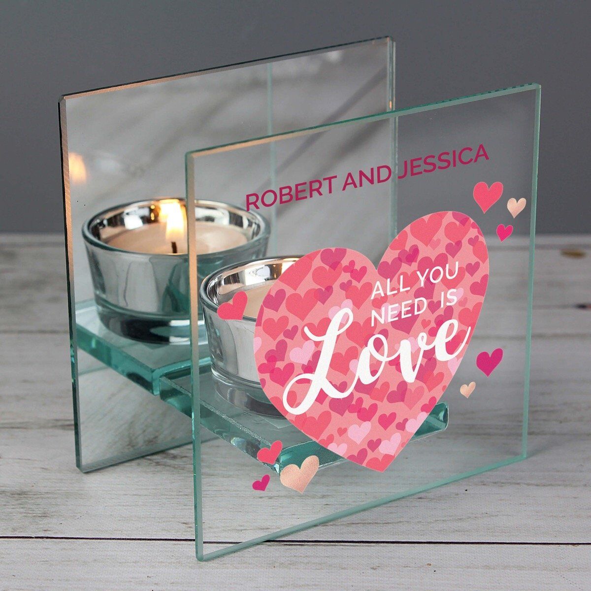 Personalised ‘All You Need is Love’ Confetti Hearts Glass Tea Light Candle Holder