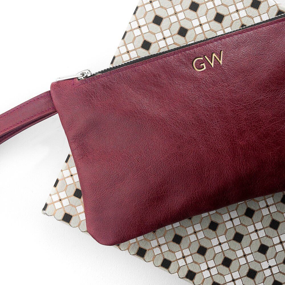 Personalised Burgundy Leather Clutch Bag – Initials
