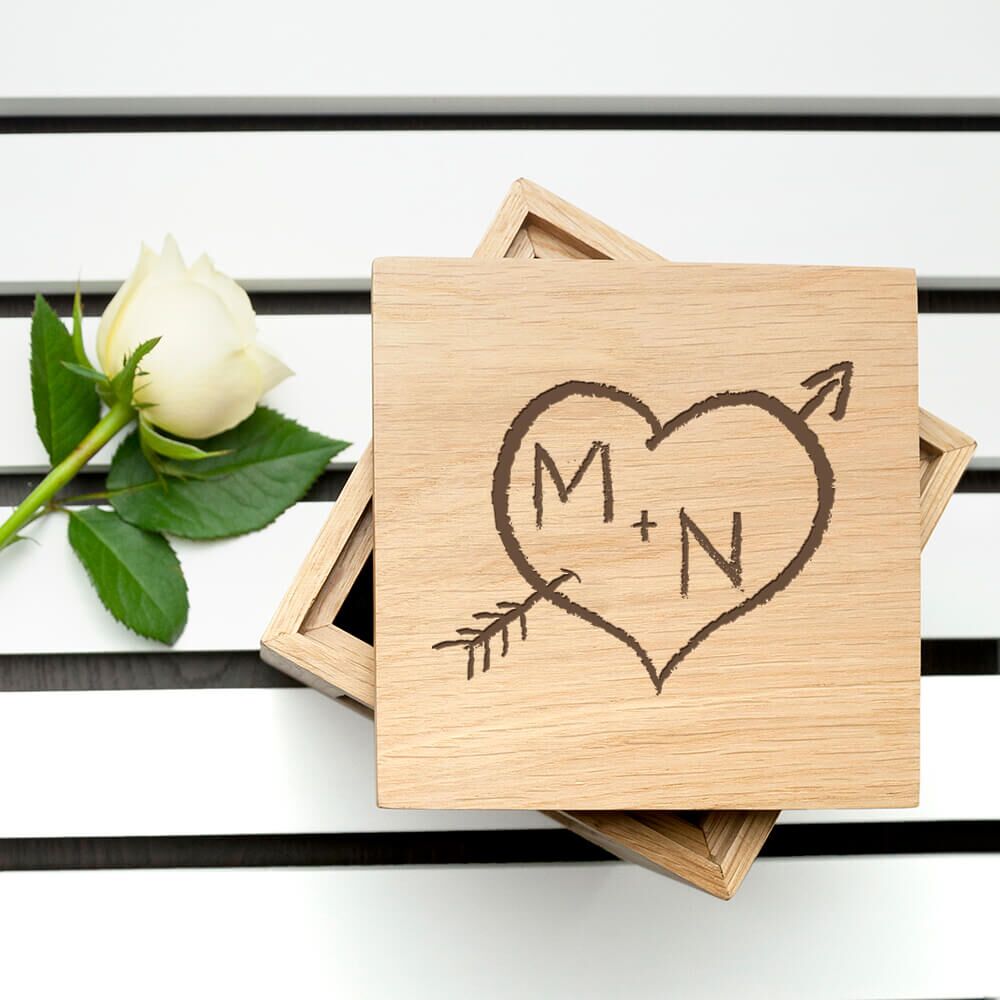 Personalised Oak Photo Cube – Carved Heart