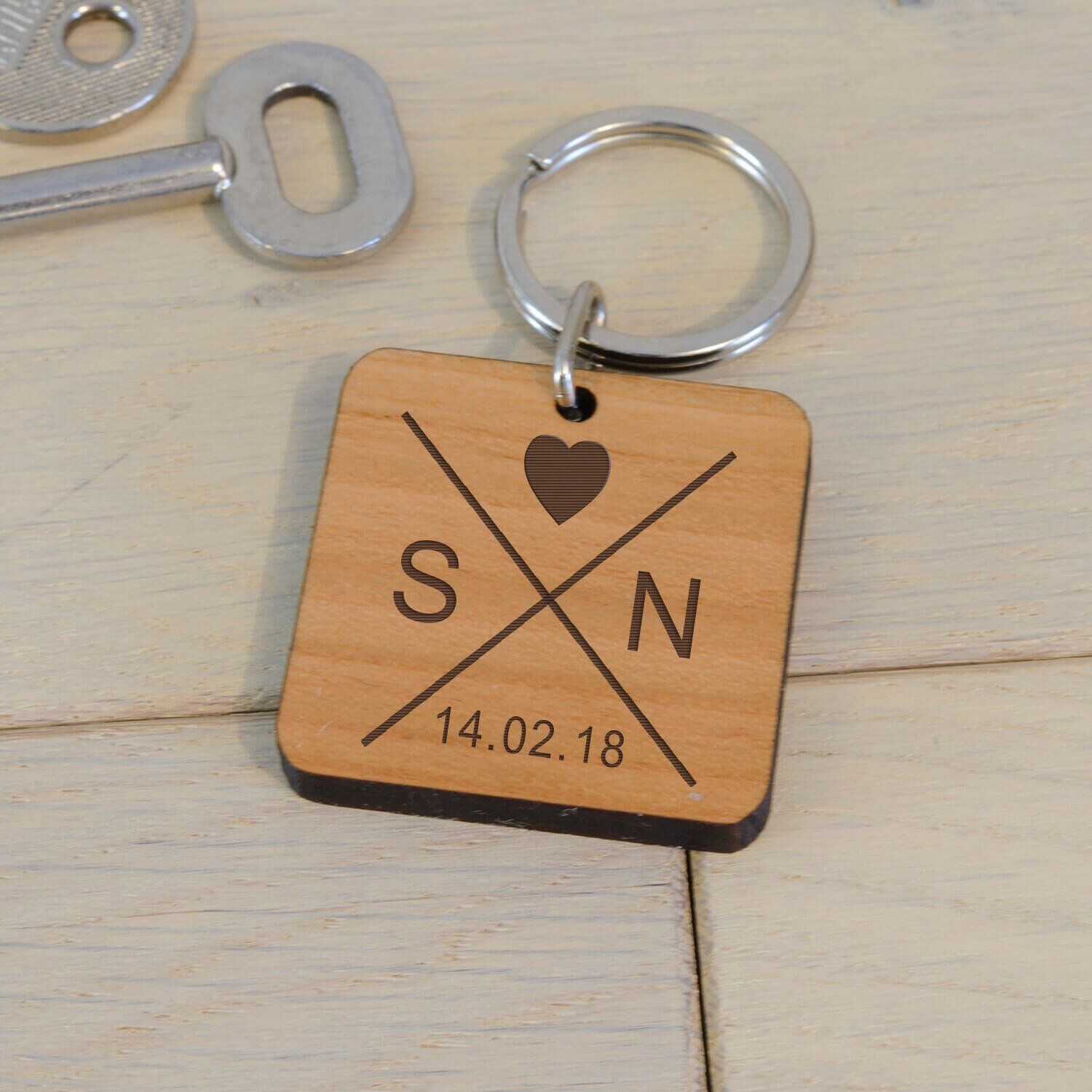 Personalised Wooden Key Ring – Date & Initials