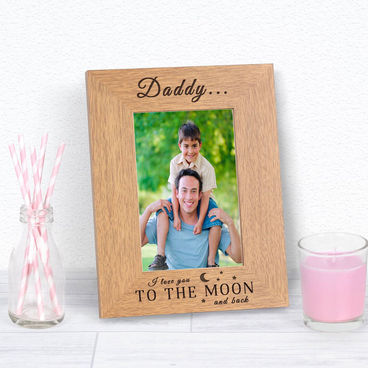 Personalised Wooden Photo Frame – Moon and Back