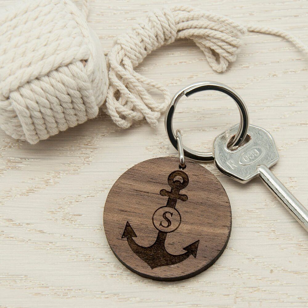 Personalised Wooden Key Ring – Anchor & Initial
