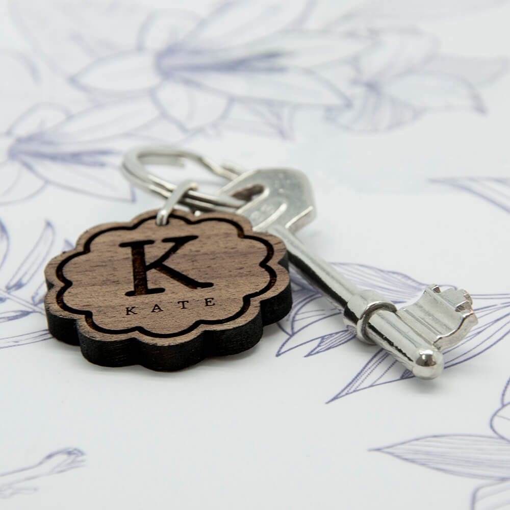 Personalised Wooden Key Ring – Initial & Name (Flower)
