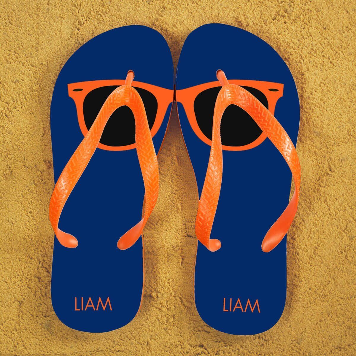 Personalised Adults Flip Flops (Blue & Orange) – Sunglasses