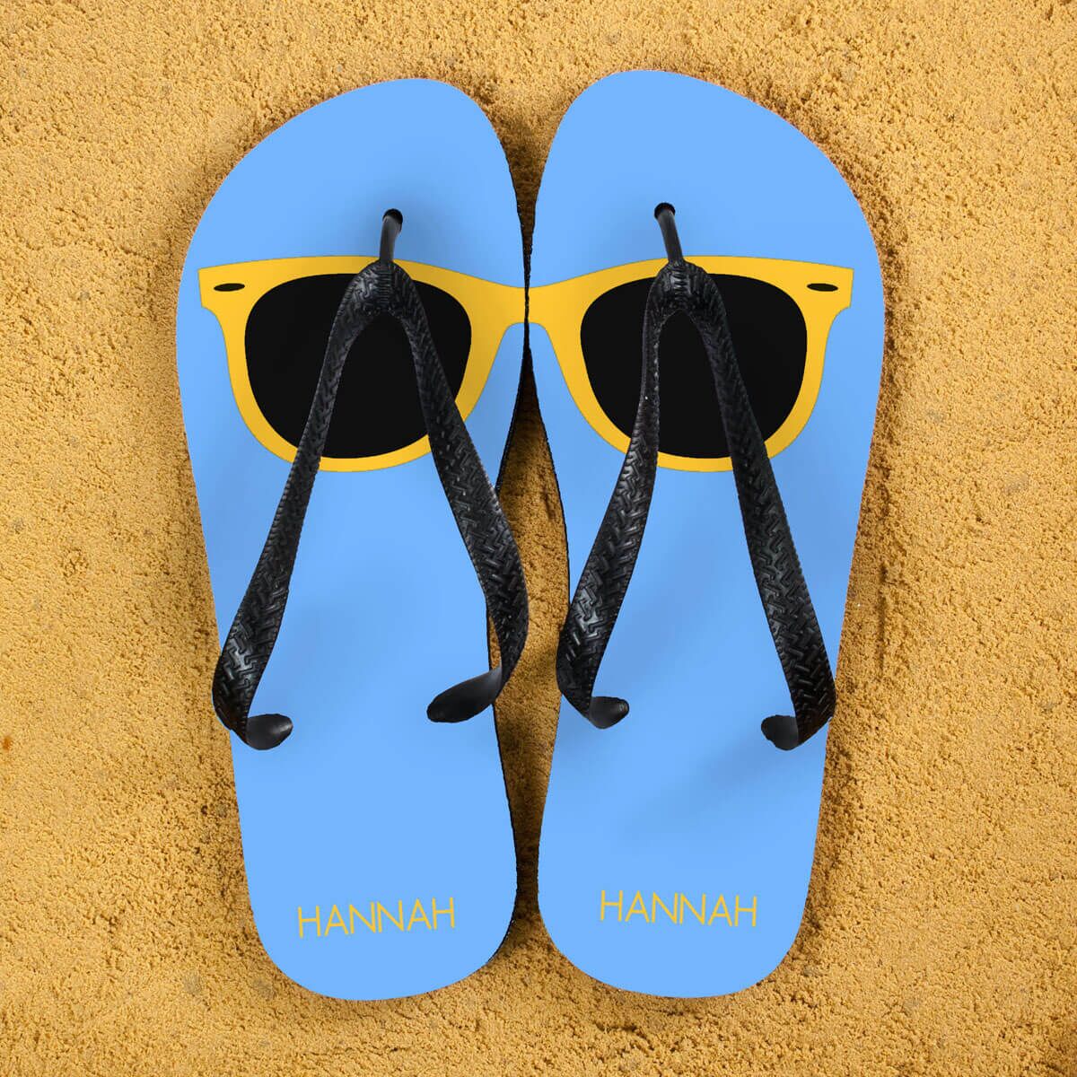 Personalised Adults Flip Flops (Blue & Yellow) – Sunglasses