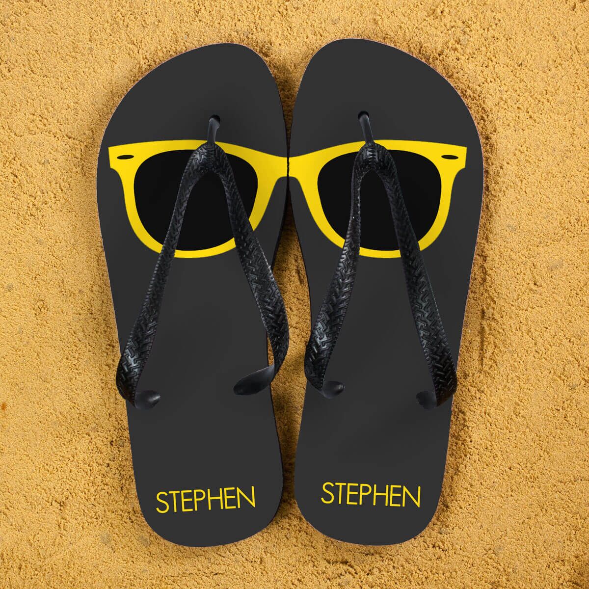 Personalised Adults Flip Flops (Grey & Yellow) – Sunglasses