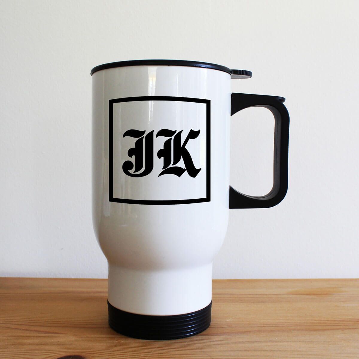Personalised Medieval Initials White Travel Mug