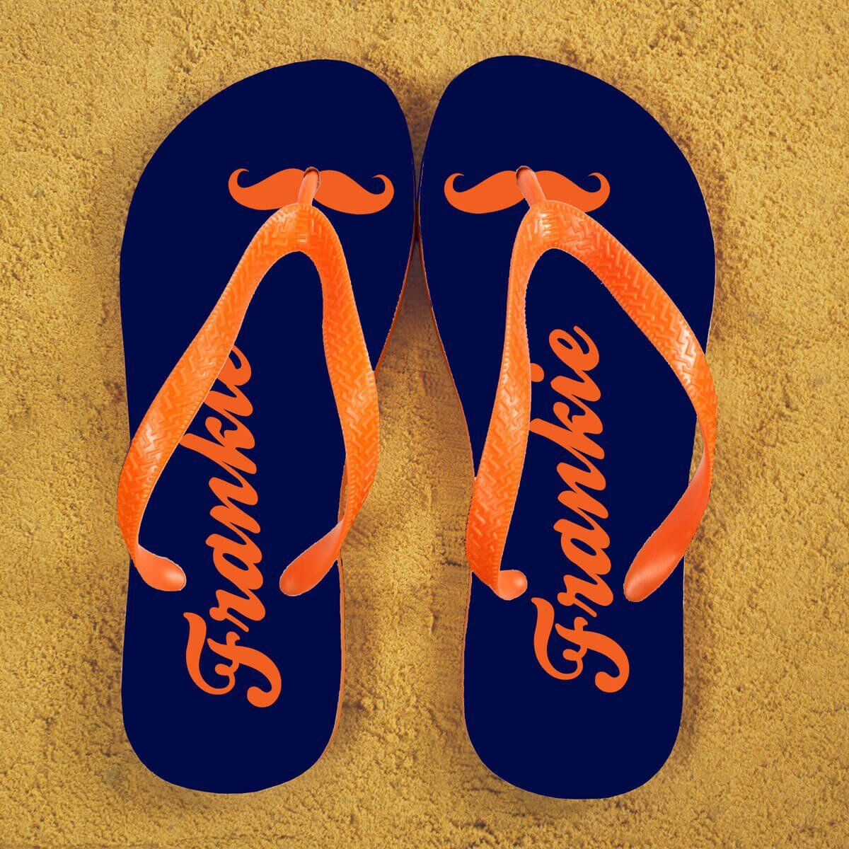 Personalised Adults Flip Flops (Blue & Orange) – Moustache