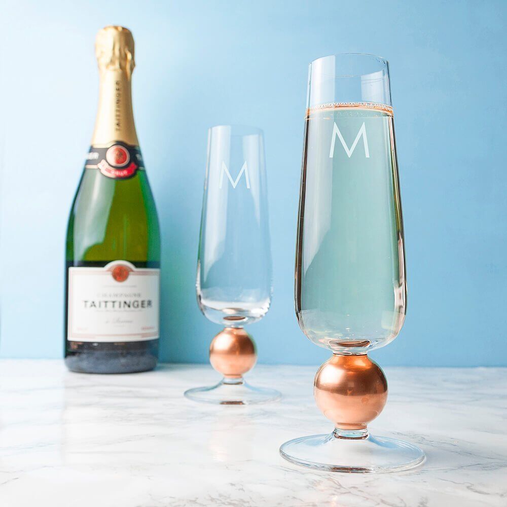 Personalised set of 2 Rose Gold Champagne Glasses – Initial