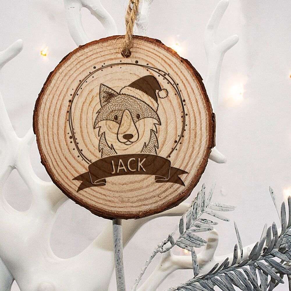 Personalised Woodland Wolf Christmas Tree Decoration