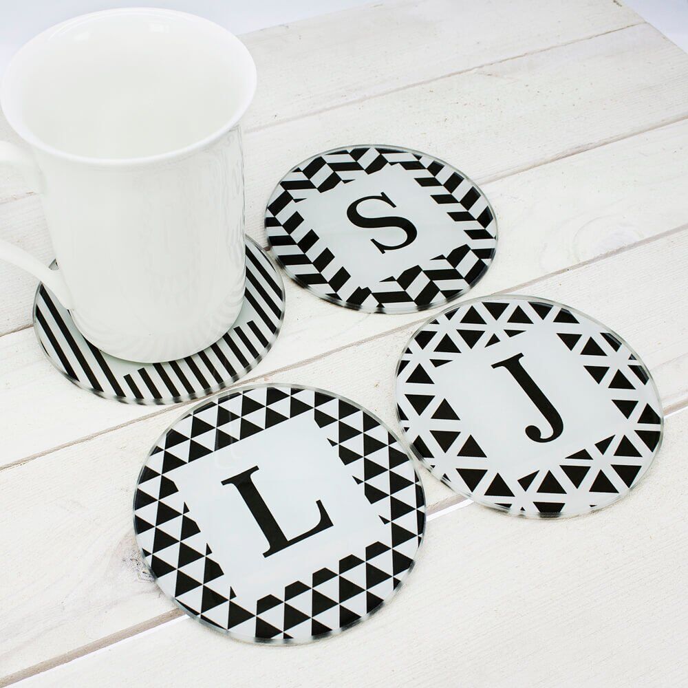 Personalised Black & White Coasters – Initials (Set of 4)