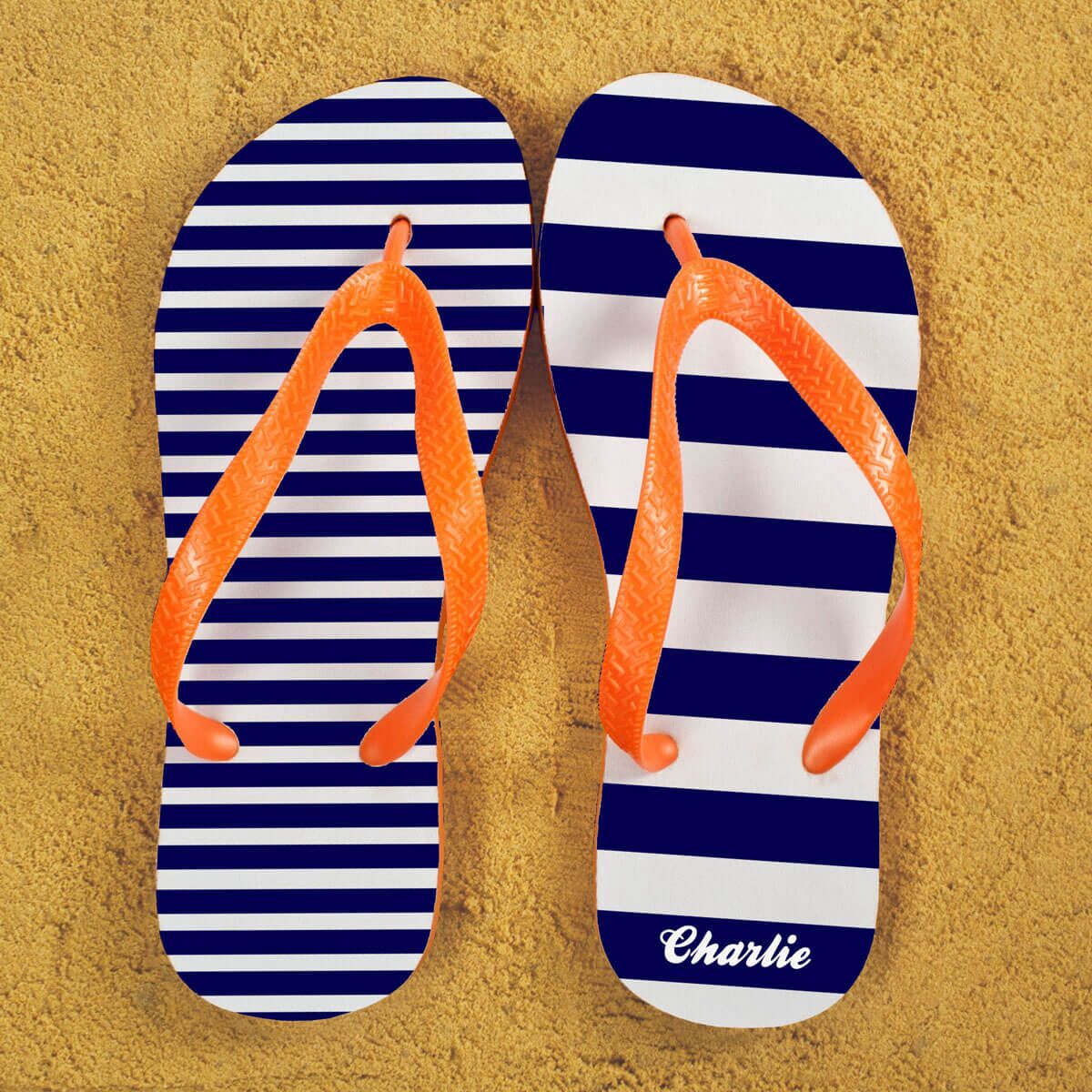 Personalised Adults Flip Flops (Blue & Orange) – Striped