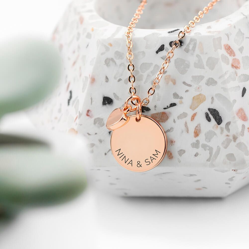 Personalised Polished Heart and Disc Necklace – Rose Gold